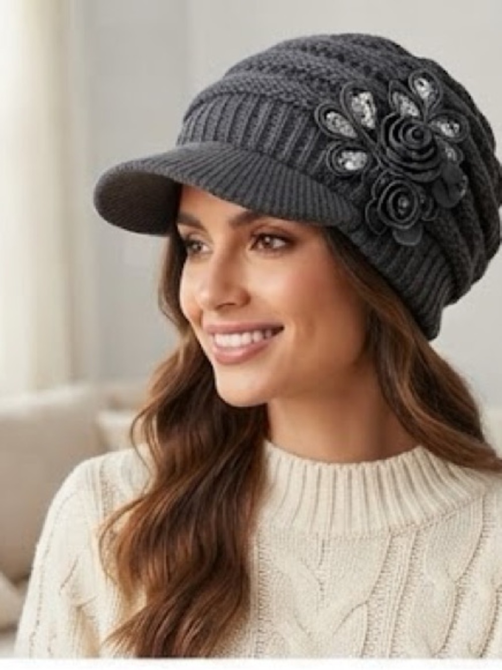 Cozy Knit Women’s Beanie Cap- Charcoal Gray with Floral Sequins Design